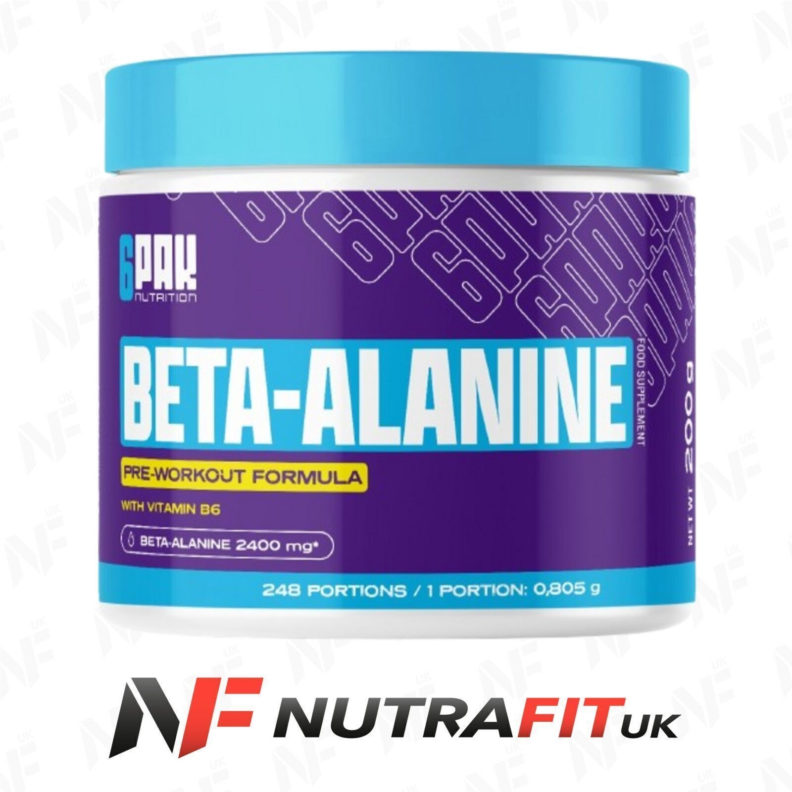 6PAK BETA-ALANINE pre-workout formula vitamin B6 unflavoured powder 200g