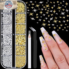 660Pcs 3D Star Nail Charms, Gold  Silver Multi-Shapes Metallic Nail Art Gems,Be
