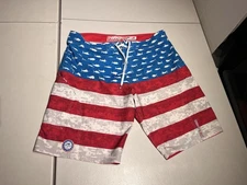 PELAGIC Shorts Men's 38 Board Trunks Sharkskin Red USA Flag Striped Fish Swim