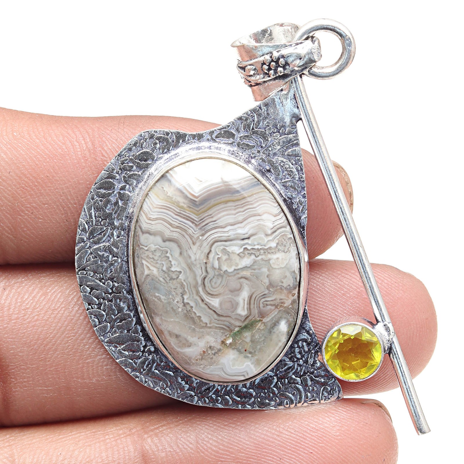 Crazy Lace Agate Citrine Quartz Pendant Handmade Sterling Silver Jewelry 2.25 Inch  