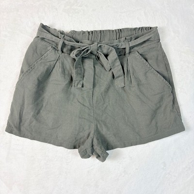 Simply Blessed Olive Green Linen Blend Paperbag Waist Shorts Women Sz Large