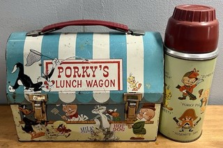 1959 American Thermos Porky's Lunch Wagon Metal Lunchbox & Thermos