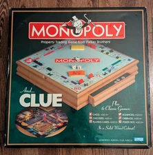 Monopoly & Clue + 6 Classic Games Tabletop Board w/ Wood Cabinet Storage Drawer