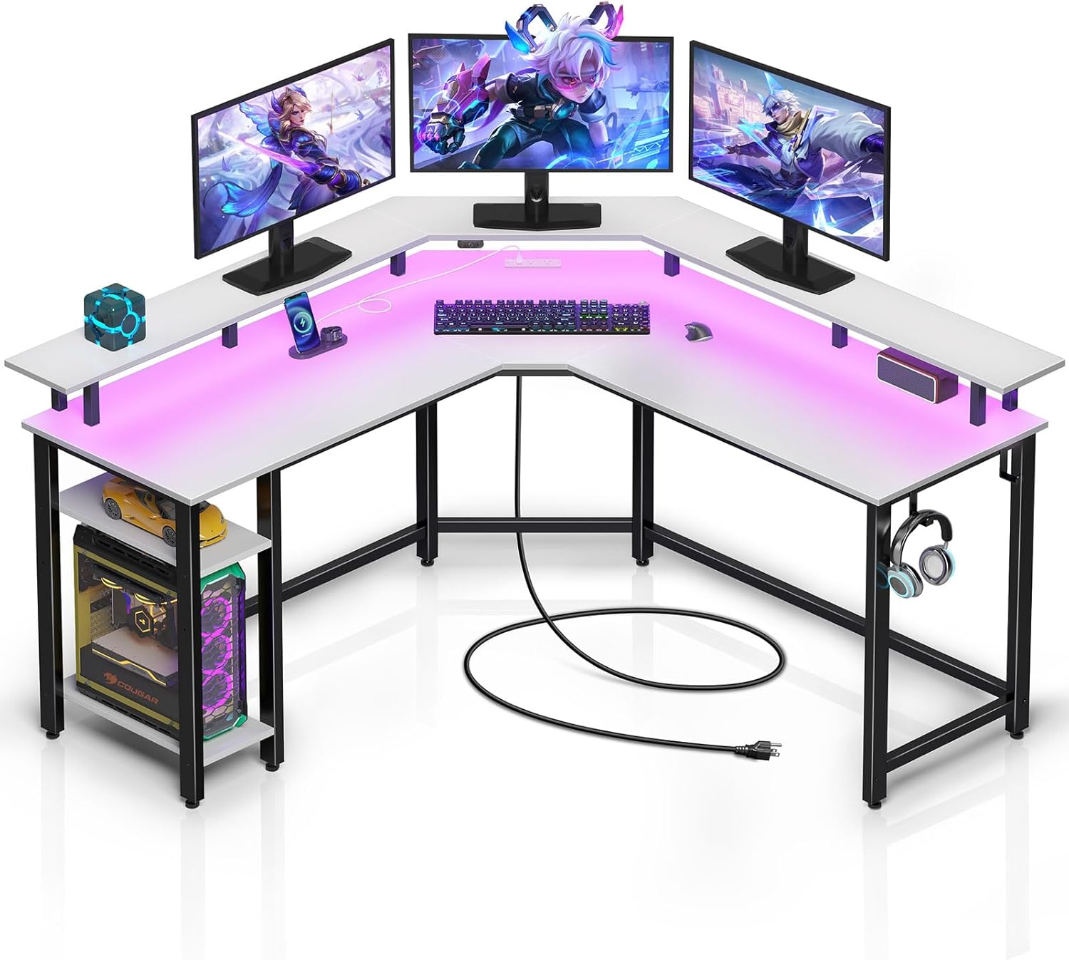 L Shaped Gaming Desk with LED Lights & Power Outlets, 53