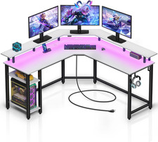 L Shaped Gaming Desk with LED Lights  Power Outlets, 53" Computer Desk with Ful