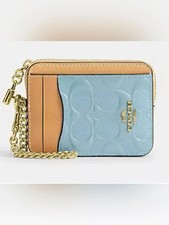 Coach Zip Card Case In Signature Leather With Charm CFA36 Gold/Light Blue NWT