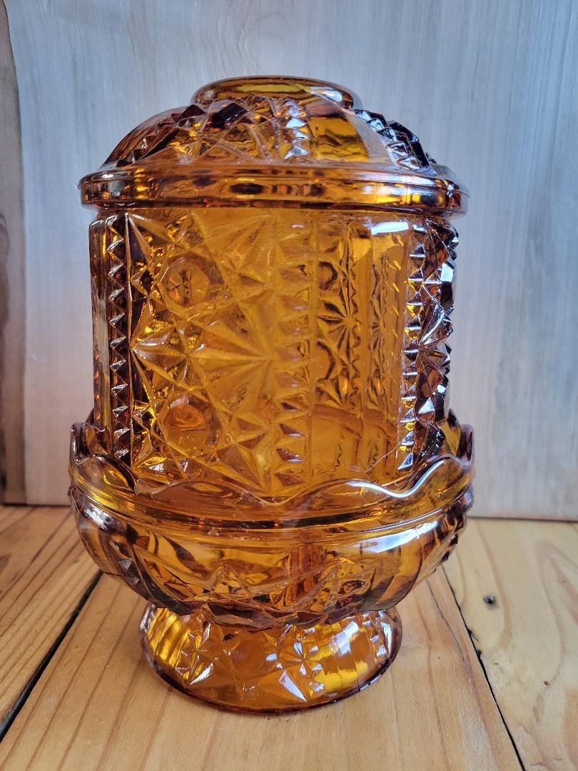 VTG Indiana Glass Amber Stars & Bars Fairy Lamp Light Candle
