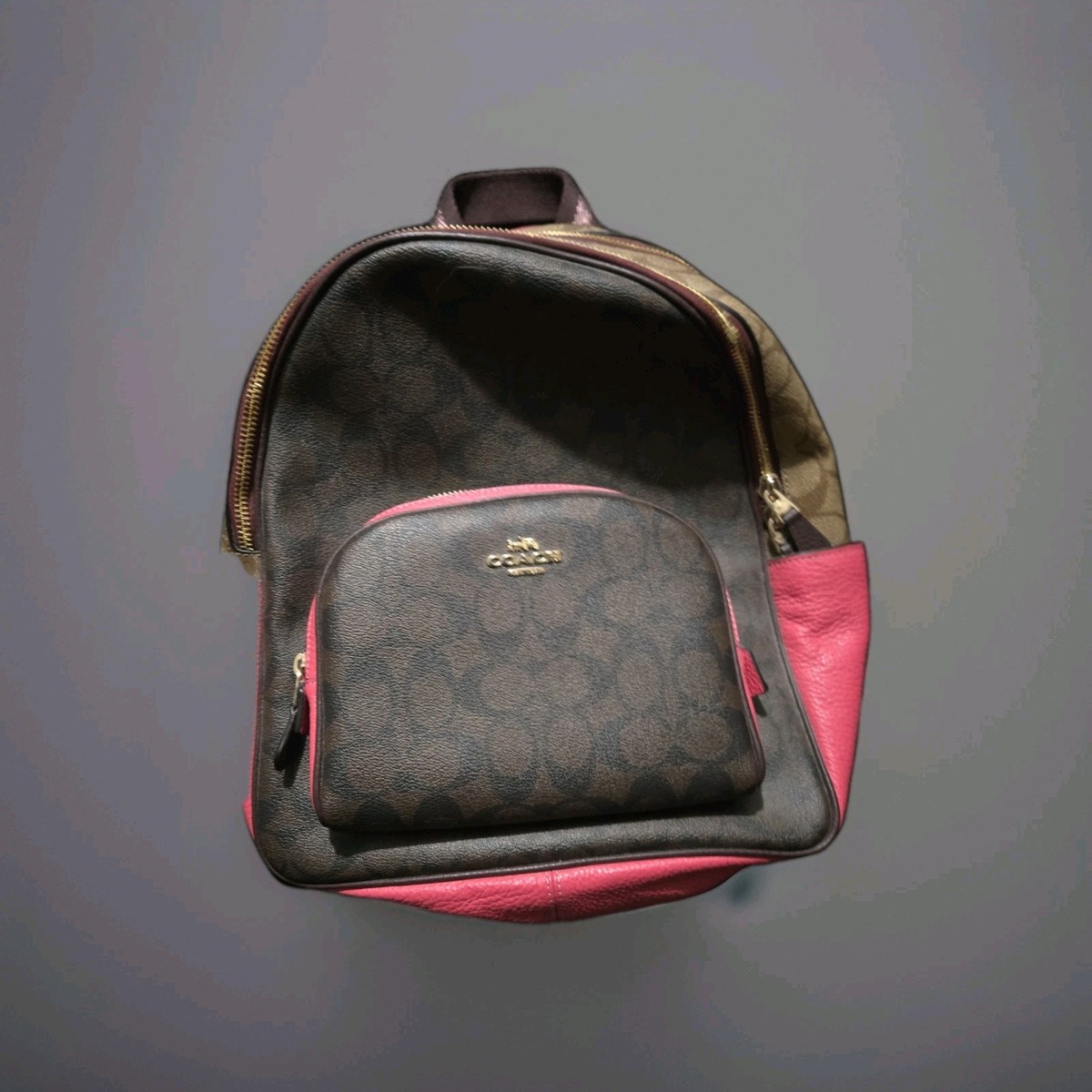 coach logo backpack -brown pink -zipper accents -women's designer