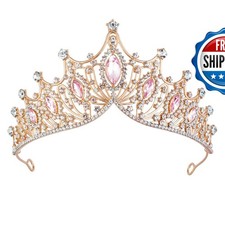 Fesciory Gold Plated Crystal Tiara with Sash Birthday Crown for Women