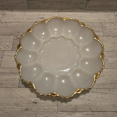Vintage Anchor Hocking White Milk Glass Deviled Egg Plate Platter with Gold Trim