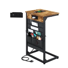 C-Shaped End Table with Fast-Charging Station, Small Couch Side Table with St...