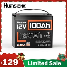 Humsienk 12V 100Ah Bluetooth LiFePO4 Lithium Battery BMS 15000+ Cycle Solar Home