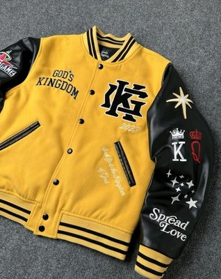 Mens Varsity Jacket Gods Kingdom Yellow Black Wool Leather, Size L