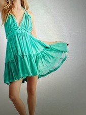 FREE PEOPLE 100-DEGREE HALTER MINI BABY DOLL TIERED DRESS SIZE MEDIUM BOHO BEACH