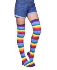 Womens Purple Rainbow Socks Thigh High Stockings Striped Knee High Socks Hall...
