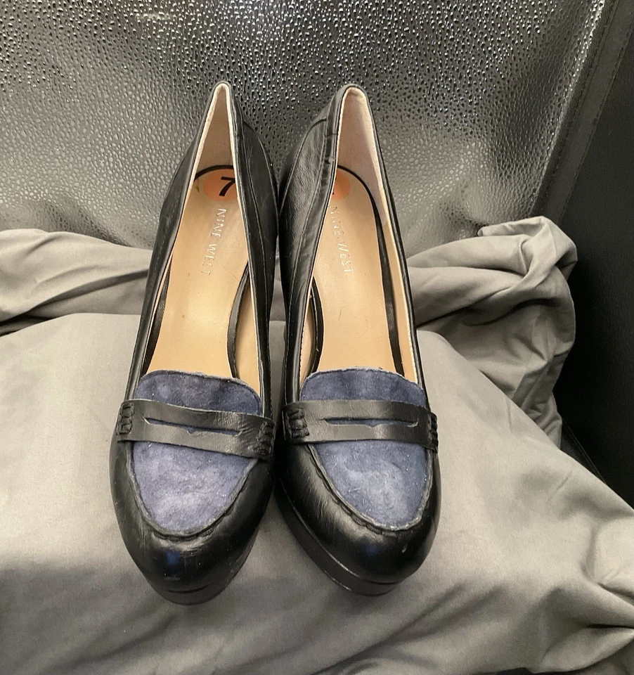 Nine West Negro Con Gamuza Azul Stiletto Tacón Bloque WN BADGET J 7M ~ Poco Uso Foto 3 de 4