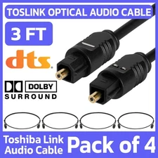 4 Pack Toslink Optical Cable 3ft Digital Audio Sound Fiber Optic SPDIF Cord Wire
