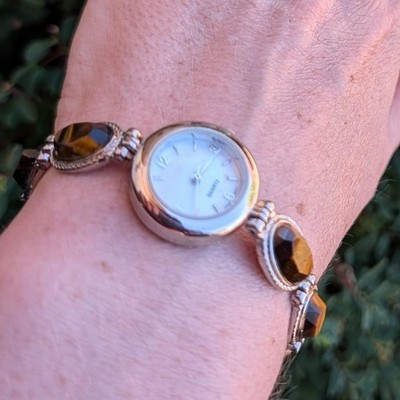 Vintage Silver Tone Tigers Eye Bracelet Watch Mother of Pearl Dial F304884-1/P