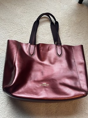 Auth COACH Large Derby Tote Metallic Red Cherry Wine Pebble Leather F59388