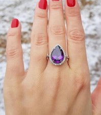 2 CT Pear Cut Amethyst  CZ Halo Wedding Engagement 925 Sterling Silver Ring