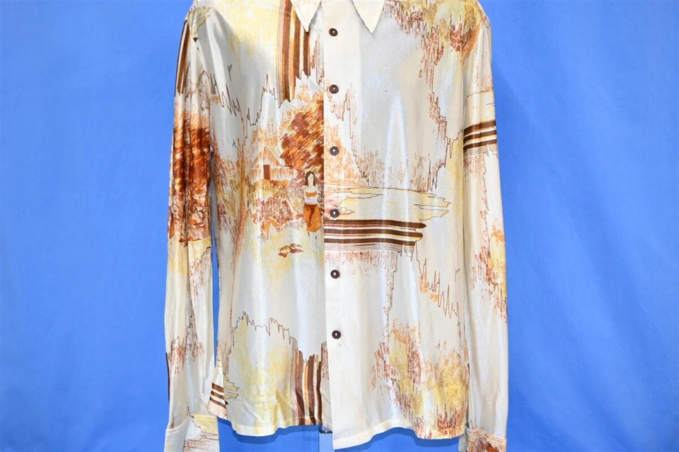 CAMISA DISCOTECA VINTAGE AÑOS 70 ESCENA III DA VINCI MUJER PUEBLO NAILON CUELLO GRANDE XL Foto 2 de 4