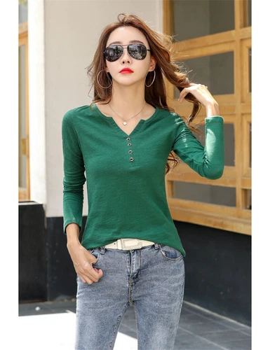 Womens Cotton Long Sleeve T Shirt Loose V Neck Slub Cotton Casual Blouse Tops US - Bild 46 von 49