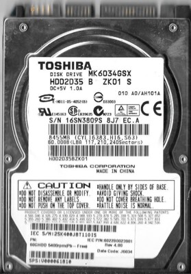 Toshiba MK6034GSX HDD2D35 B ZK01 S 60GB Sata Hard Drive