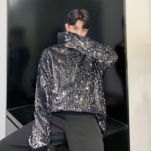 Mens Sequin Long Sleeve Sweatshirt Crew 