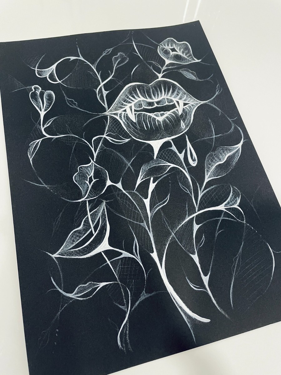 Surreal art work with lips, Painting black white graphics drawing