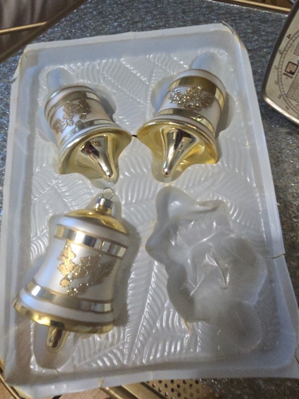 Set Of 3 Vintage Christmas Glass Bell Ornaments Gold Glitter No Box 3.5-4"