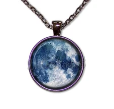Full Blue Moon Celestial Enthusiasts - Handmade ROUND Glass Pendant Necklace