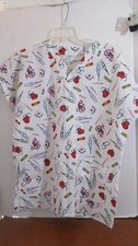 White with Stethoscope, Crutches, Pills SCRUB SHIRT Women's Small to Medium