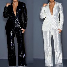 Sequin Women's Suit Dressy Notch Lapel Single Breasted Casual Party Outfit Set