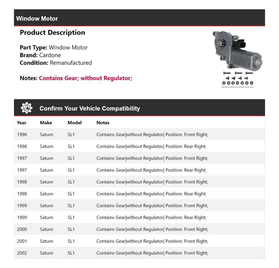 Para 1996-2002 Saturn SL1 motor de janela Cardone 1997 1998 1999 2000 2001 - Imagem 2 de 4