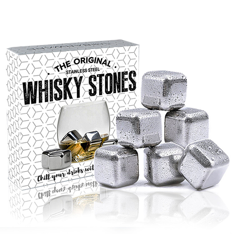 6 Stainless Steel Whiskey Stones Ice Cubes, Scotch, Brandy Drinks Chillers Gift