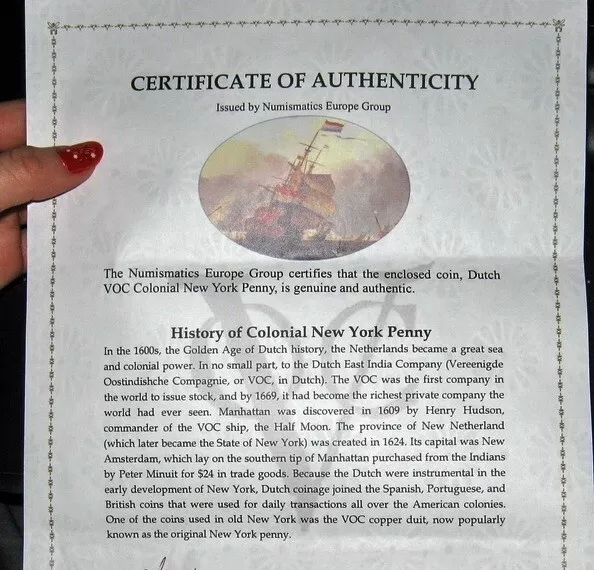 Certificate Authenticity 1578 Colonial New York Penny Virgin of Holland 2 Penny - Image 4 of 4