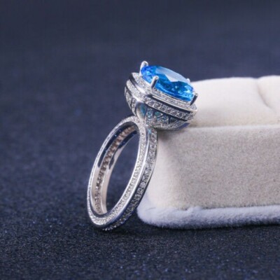 2.30Ct Oval Cut Simulated Blue Topaz Halo Engagement Ring 14K White Gold Plated
