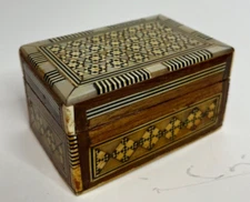 Dainty Egyptian Inlaid Trinket Box, MOP & Wood, Hinged, Red Velvet Lined, Older