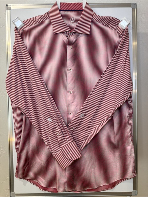 NWOT NEW Bugatchi Uomo Check Stripe Pink Brown White Shirt 17.5 34-35