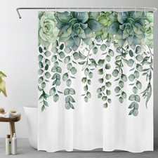 Succulent Botanical Shower Curtain Decor, Sage Green Plant Eucalyptus Leaf Gr...