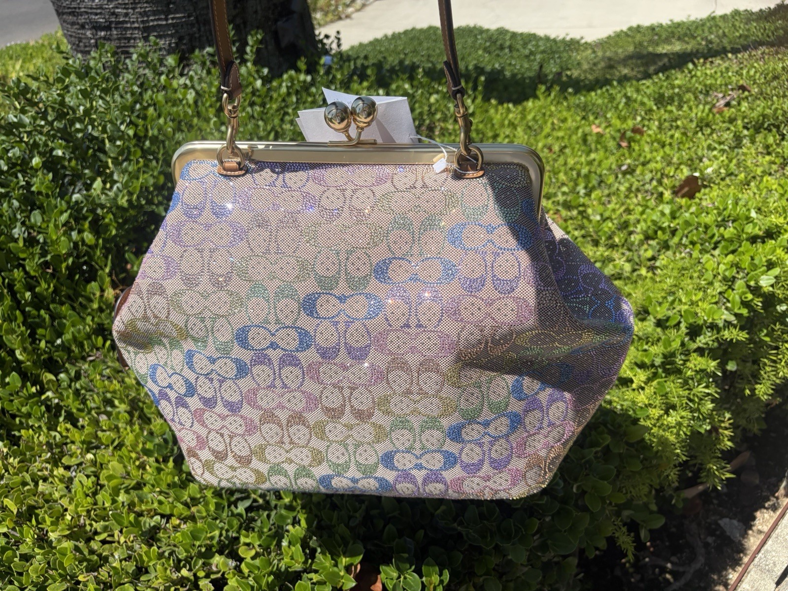 Coach Large Kisslock Frame Bag In Rainbow Crystal Signature Jacquard New CCX15
