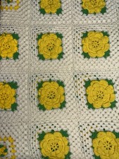 Vintage Crochet Granny Square Afghan Blanket Floral Yellow 74x52 Cottagecore
