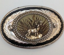 Vintage Deer Belt Buckle Made in USA Silver Tone Hunting Wildlife Western Cowboy