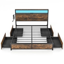 Queen Industrial Platform Bed Frame with LED Lights Headboard  Storage Drawers