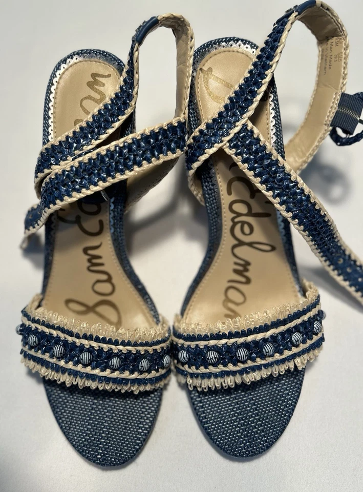 Correa de tobillo Sam Edelman Olisa Rafia tacón bloque para mujer talla 9,5 azul boho chic Foto 3 de 4