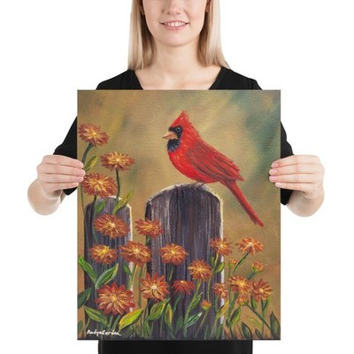 Red Cardinal on Fence Post with Wildflowers Print