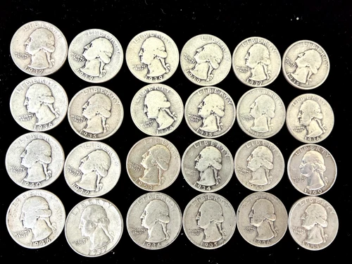 Pre-1964 Lot of 24 Washington 90% Silver Quarters AU or better. $6.00 Face Value