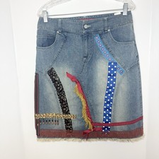 Vintage Upcycled Denim Patchwork Skirt Womens 8 Jean Indie Cowgirl Western Boho