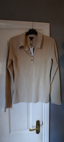 new KAREN MILLEN Viscose Blend Popper Detail Collared Knit Jumper stone size s