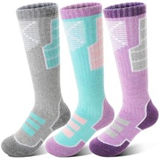Kids Merino Wool Ski Socks 3 Pairs Girls Boys 8-12 Years Purple/Green/Grey